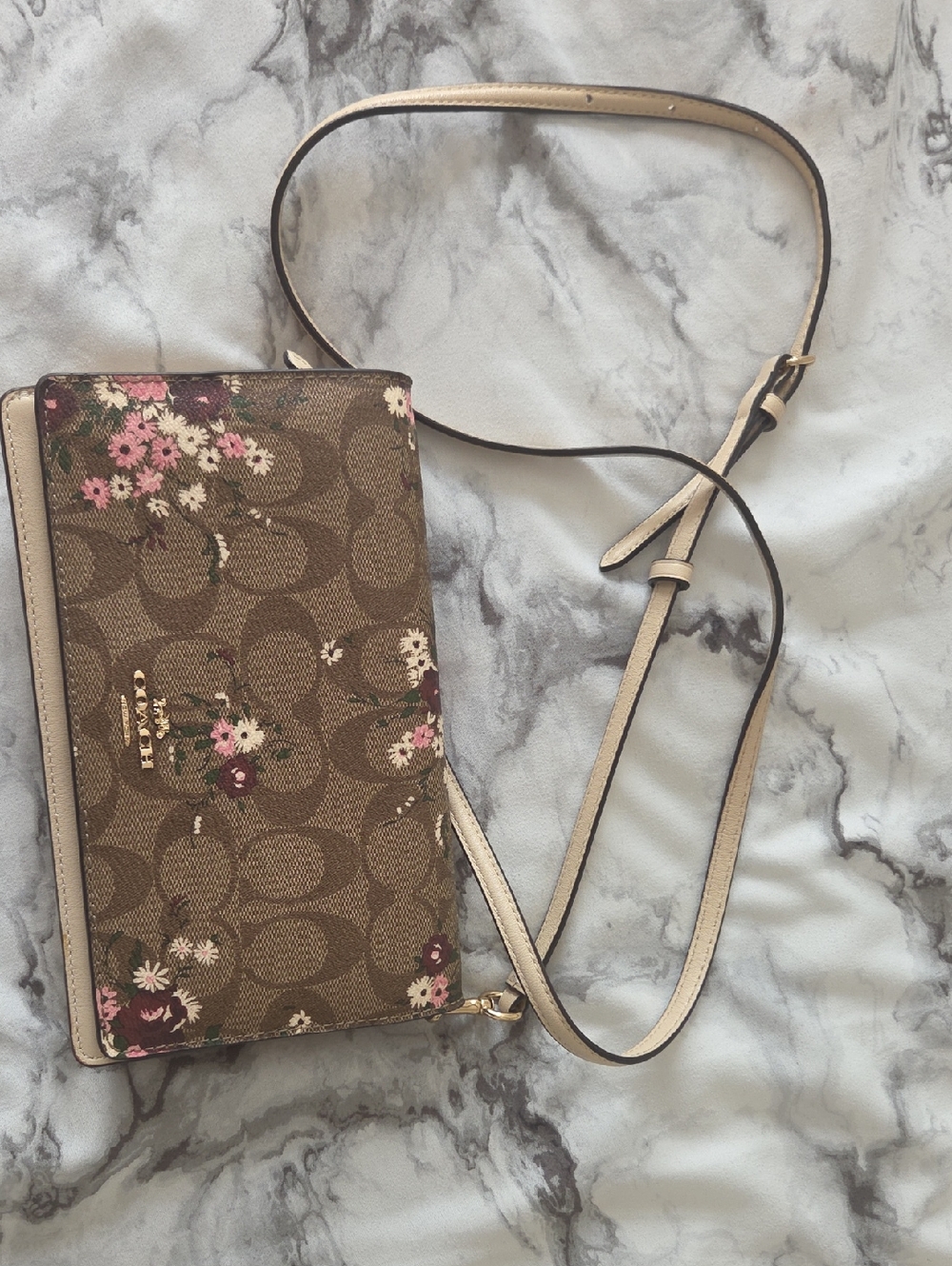 Coach Brown Floral Signature Crossbody with Cream Trim